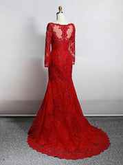 Wedding Dress Elegent, Red Lace Mermaid Long Sleeves Evening Gown, Red Lace Wedding Party Dress