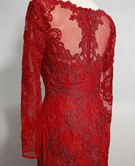 Wedding Dresses Elegent, Red Lace Mermaid Long Sleeves Evening Gown, Red Lace Wedding Party Dress