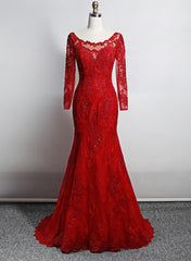 Wedding Dresses No Sleeves, Red Lace Mermaid Long Sleeves Evening Gown, Red Lace Wedding Party Dress
