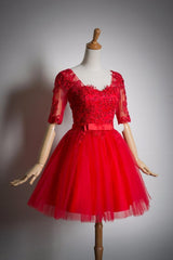 Prom Dresses A Line, Red Lace Short Sleeves Tulle Knee Length Party Dresses, Red Short Formal Dresses