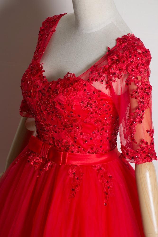 Prom Dresses 2018, Red Lace Short Sleeves Tulle Knee Length Party Dresses, Red Short Formal Dresses