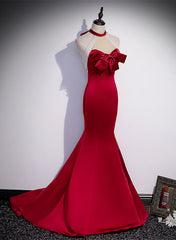 Party Dress Website, Red Mermaid Satin Long Party Dress Formal Dress, Lace-up Red Prom Dress