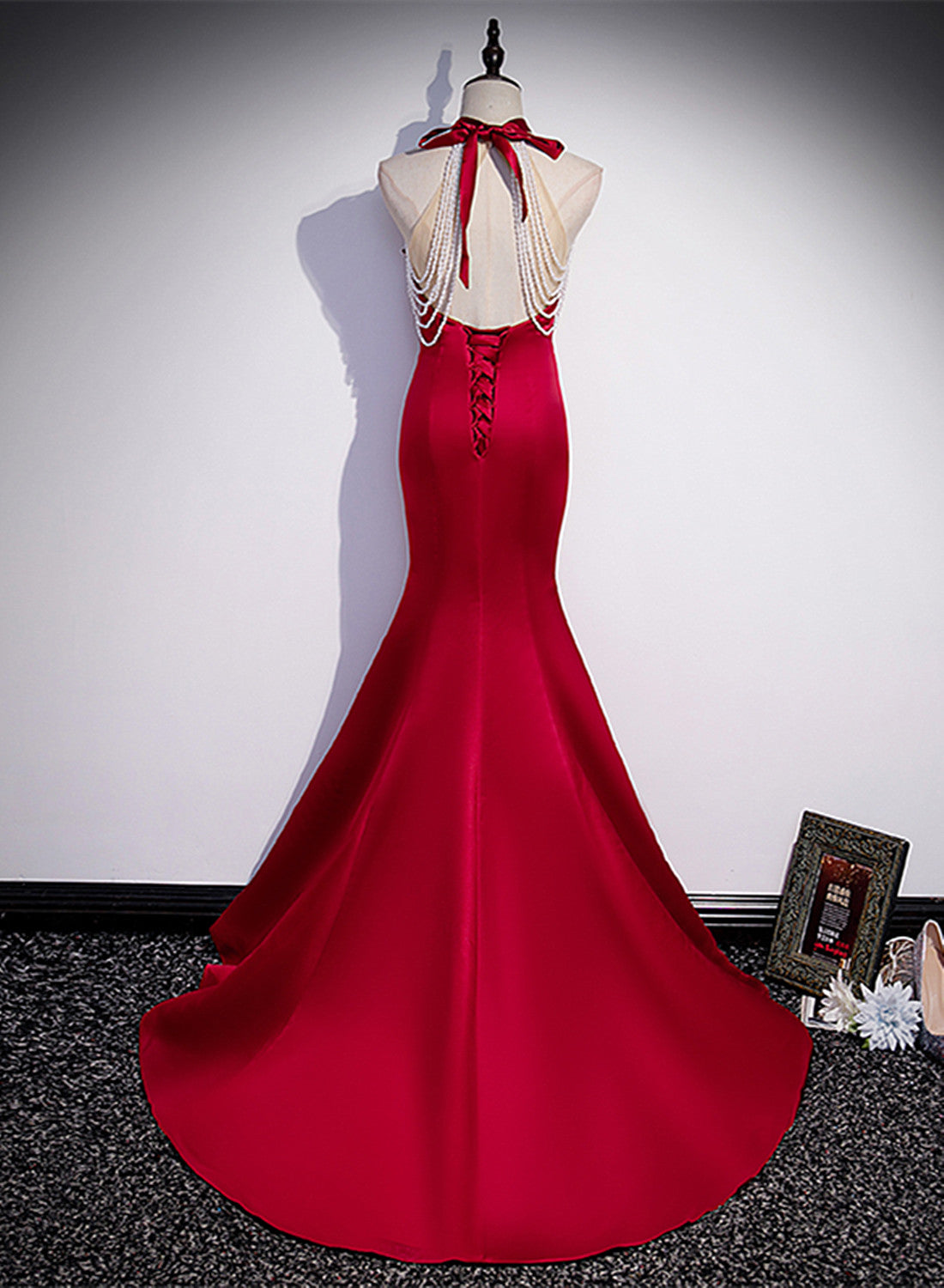 Party Dresses Website, Red Mermaid Satin Long Party Dress Formal Dress, Lace-up Red Prom Dress