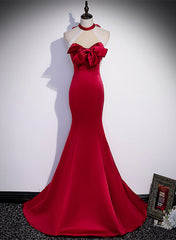 Party Dresses For Teen, Red Mermaid Satin Long Party Dress Formal Dress, Lace-up Red Prom Dress