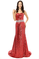 Evening Dress Sleeve, Red mermaid Sequins Sweetheart With Crystal Bridesmaid Dresses