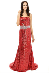 Evening Dress Sleeves, Red mermaid Sequins Sweetheart With Crystal Bridesmaid Dresses