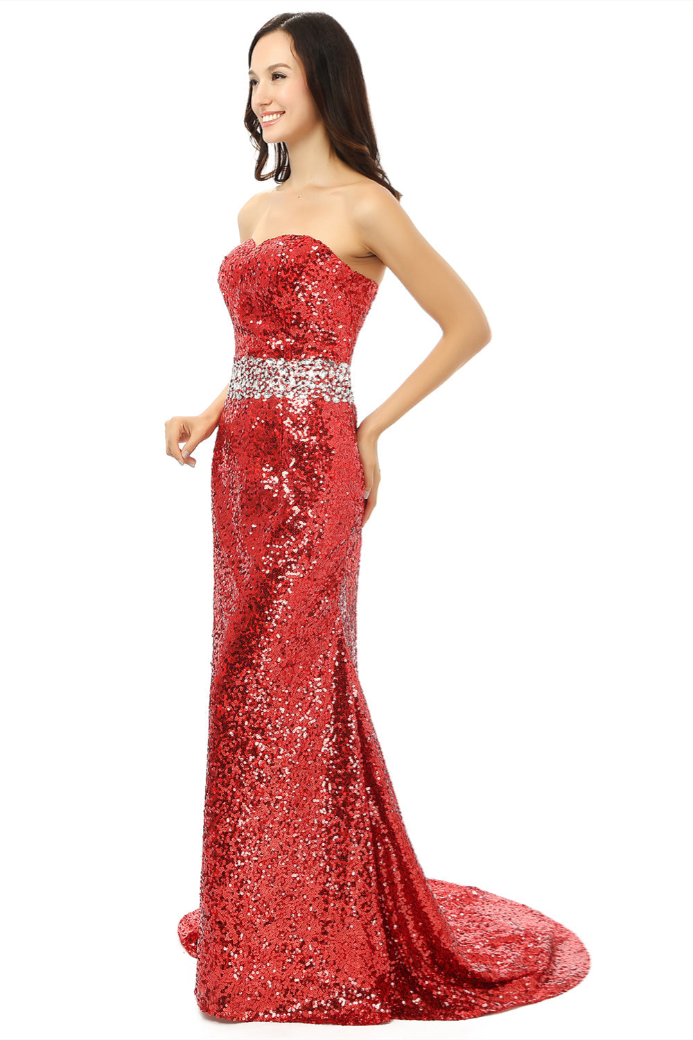 Evening Dress Open Back, Red mermaid Sequins Sweetheart With Crystal Bridesmaid Dresses