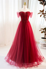 Party Dresses Design, Red Off-Shoulder Beaded A-line Tulle Long Prom Dress