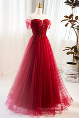 Party Dresses Designs, Red Off-Shoulder Beaded A-line Tulle Long Prom Dress