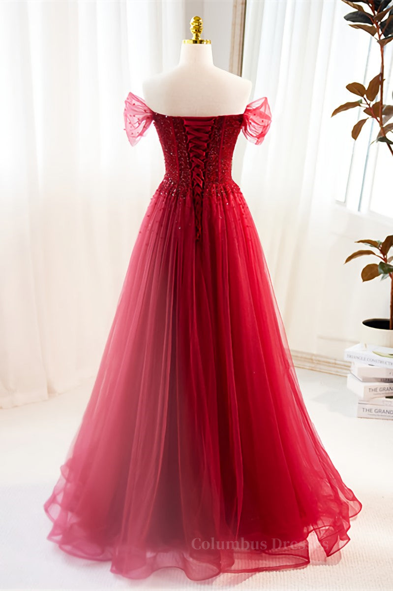 Party Dresses Teens, Red Off-Shoulder Beaded A-line Tulle Long Prom Dress