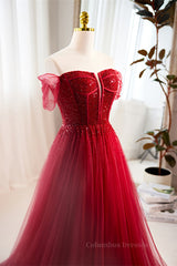 Party Dress Teen, Red Off-Shoulder Beaded A-line Tulle Long Prom Dress