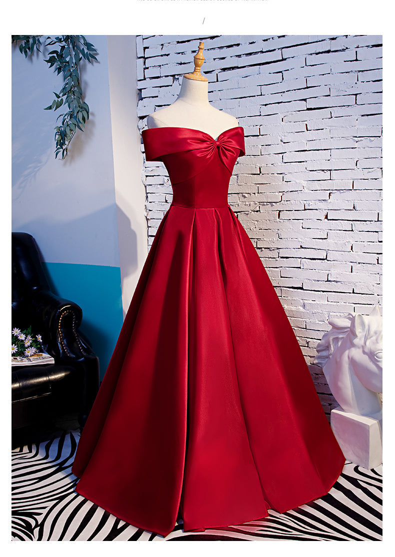 Prom Dresses Two Pieces, Red Off Shoulder Satin A-line Sweetheart Long Prom Dress, Red Long Evening Dress Formal Dress