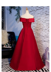 Prom Dressed Two Piece, Red Off Shoulder Satin A-line Sweetheart Long Prom Dress, Red Long Evening Dress Formal Dress