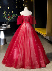 Classy Dress, Red Off Shoulder Tulle Sweetheart Party Dress, Red Ball Gown Sweet 16 Dress