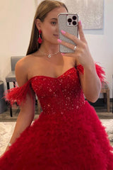 Red Off the Shoulder A-Line Princess Prom Dress