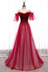 Prom Dresses With Long Sleeves, Red Off-the-Shoulder Straps Beaded Appliques Maxi Formal Dress
