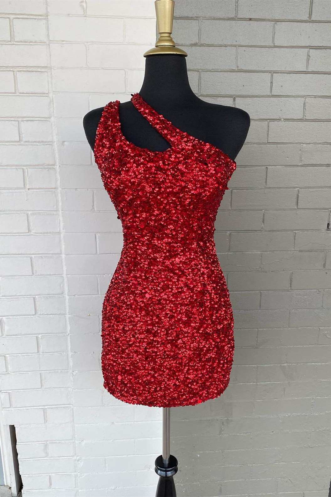 Navy Blue Dress, Red One Shoulder Cutout Short Homecoming Gown Sequined Cocktail Dress