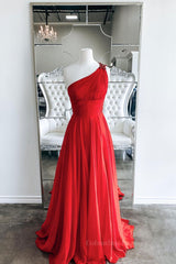 Bridesmaid Dress Satin, Red one shoulder long prom dress red evening dress