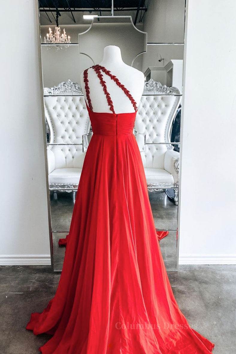 Bridesmaid Dresses Satin, Red one shoulder long prom dress red evening dress