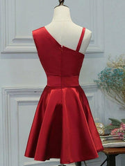 Prom Dresses For Adults, Red One Shoulder Satin Knee Length Homecoming Dress Party Dress, Short Prom Dress Formal Dress