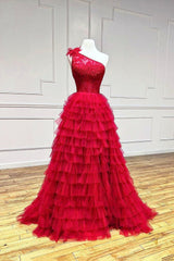 Braids, Red One Shoulder Tulle Layers Long Prom Dress with Lace, A-Line Evening Party Dress