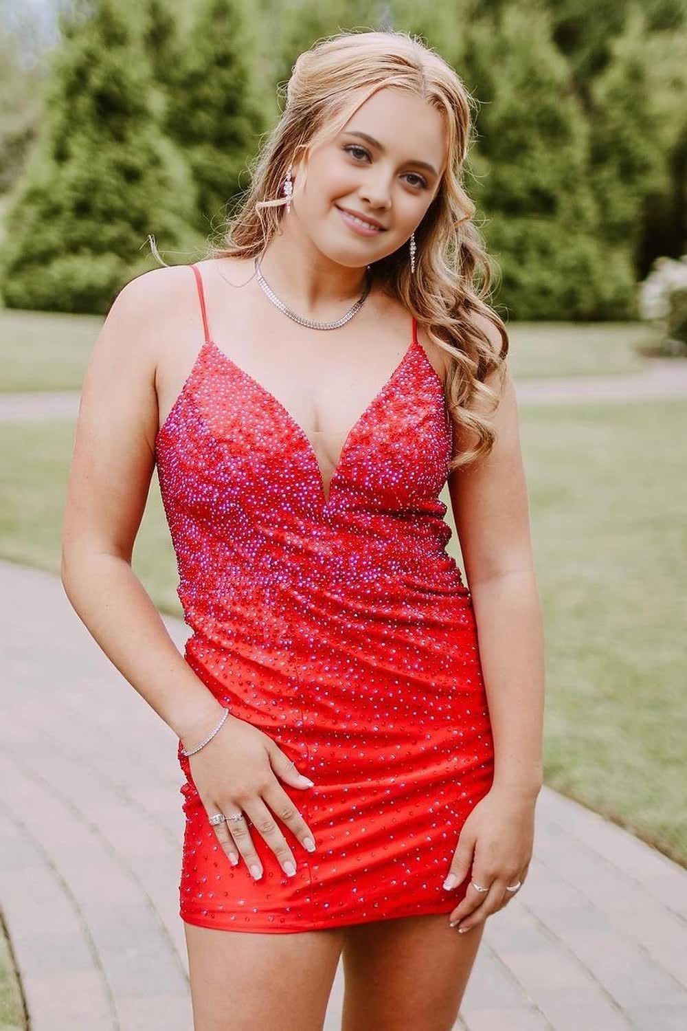 Red Open Back Sequins Tight Homecoming Dress