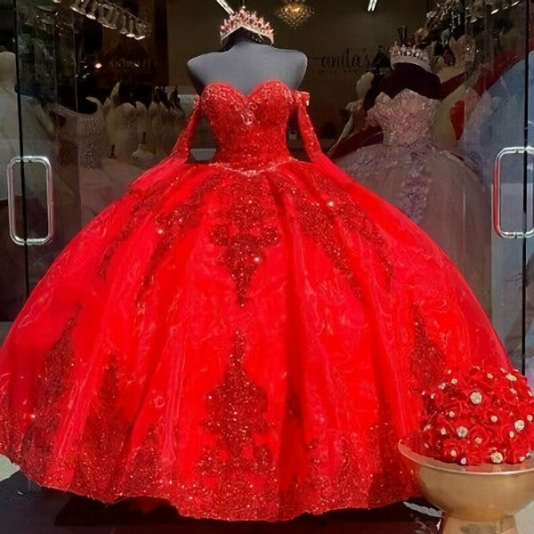 Party Dresses Store, Red Organza Sweet 16 Quinceanera Dresses Sequins Applique Beaded Sweetheart Ball Gown