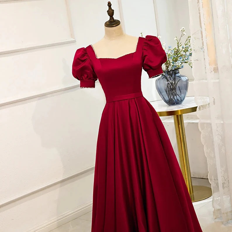 Party Dresses For Weddings, Red Puff Sleeve Prom Dress / Red Bridesmaid Dress / Victorian Dress