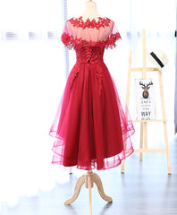 Formal Dresses Long Elegant Evening Gowns, Red Round Neck Lace Tulle Short Prom Dress