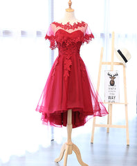 Formal Dresses Long Elegant Classy, Red Round Neck Lace Tulle Short Prom Dress
