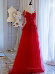 Party Dress Outfit, Red round neck tulle lace long prom dress, red evening dress