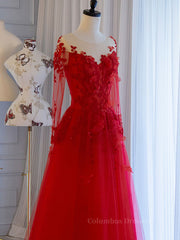 Party Dress Styles, Red round neck tulle lace long prom dress, red evening dress