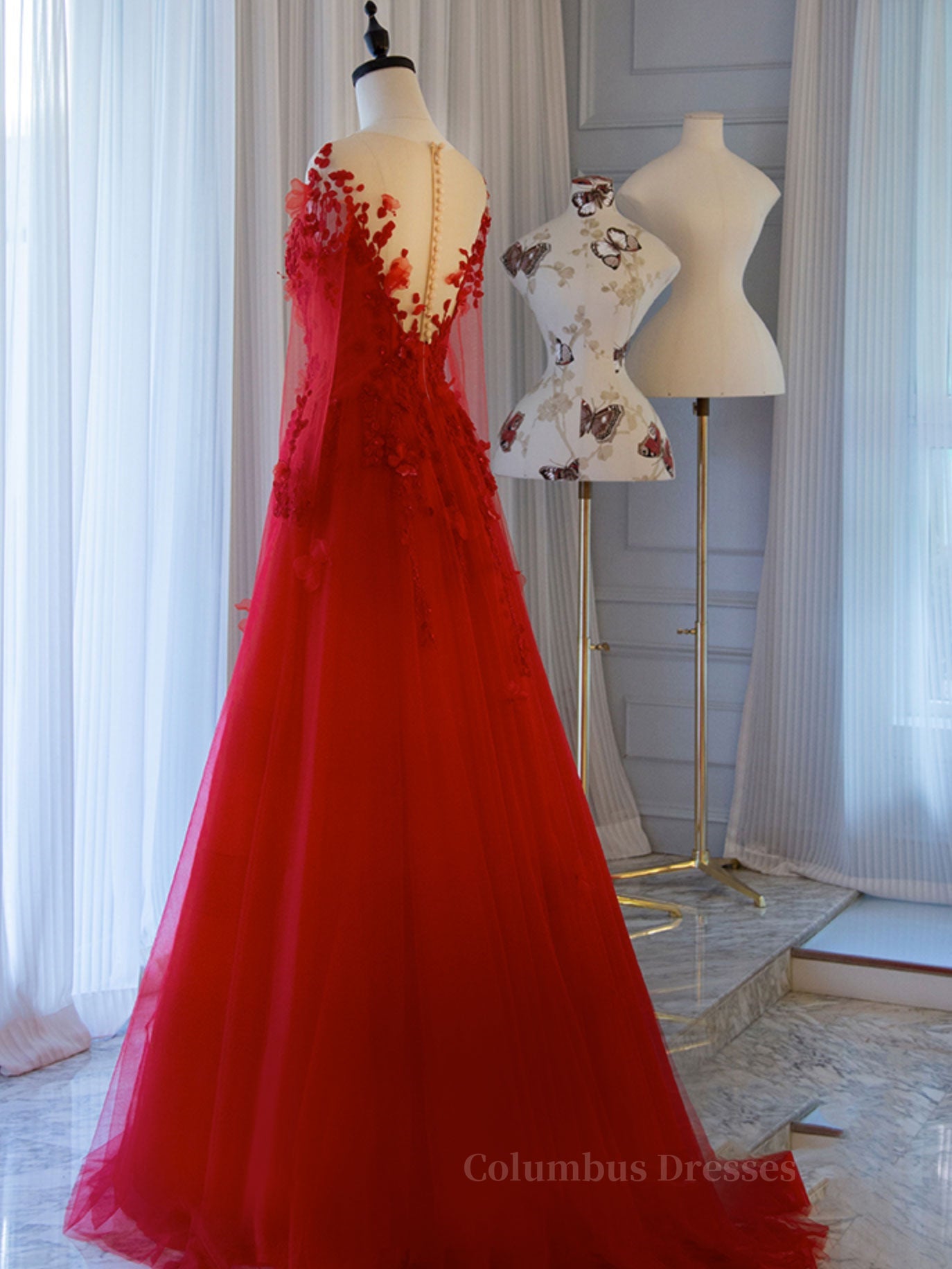 Party Dress Inspiration, Red round neck tulle lace long prom dress, red evening dress