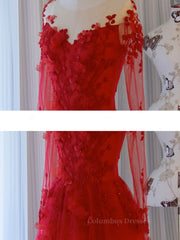 Party Dress Trends, Red round neck tulle lace long prom dress, red evening dress