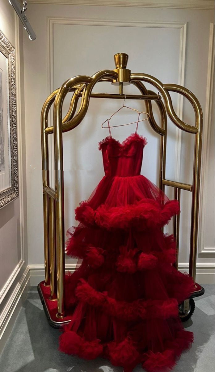 Party Dresses For Teen, Red Ruffled Tiered Tulle Maxi Ball Gown Sweetheart Spaghetti Straps Ruffled A-Line Arabian Evening Gown