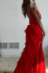 Club Outfit, Red Ruffles Long Formal Dress Elegant Evening Dress