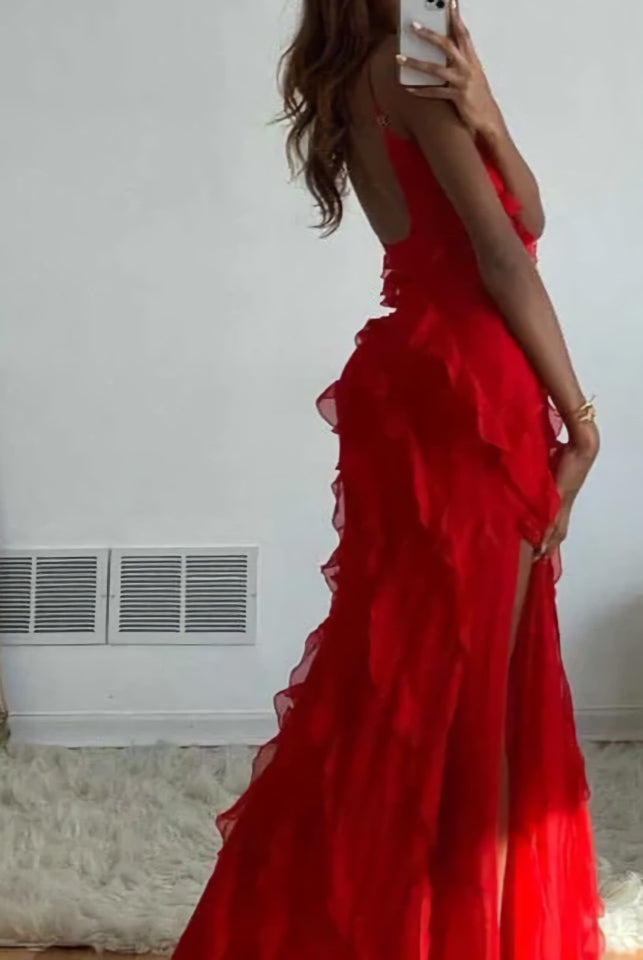 Party Dresses Europe, Red Ruffles Long Formal Dress Elegant Evening Dresses Mermaid