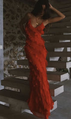 Party Dress Europe, Red Ruffles Long Formal Dress Elegant Evening Dresses Mermaid
