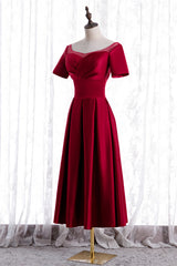 Prom Dress 31, Red Satin A-line Pleated Sleeves Tea Length Formal Dress