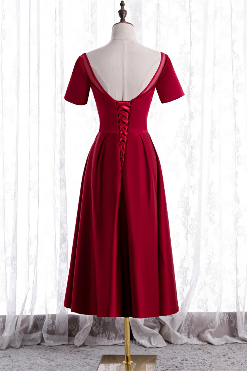 Prom Dress Under 81, Red Satin A-line Pleated Sleeves Tea Length Formal Dress
