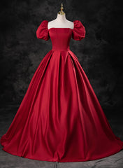 Prom Dress2017, Red Satin A-line Short Sleeves Long Prom Dress, Red Long Formal Dress Evening Dress