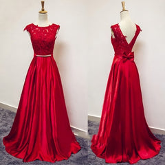 Evening Dresses Near Me, Red Satin and Lace Round Neckline Evening Gown, A-line Formal Gown