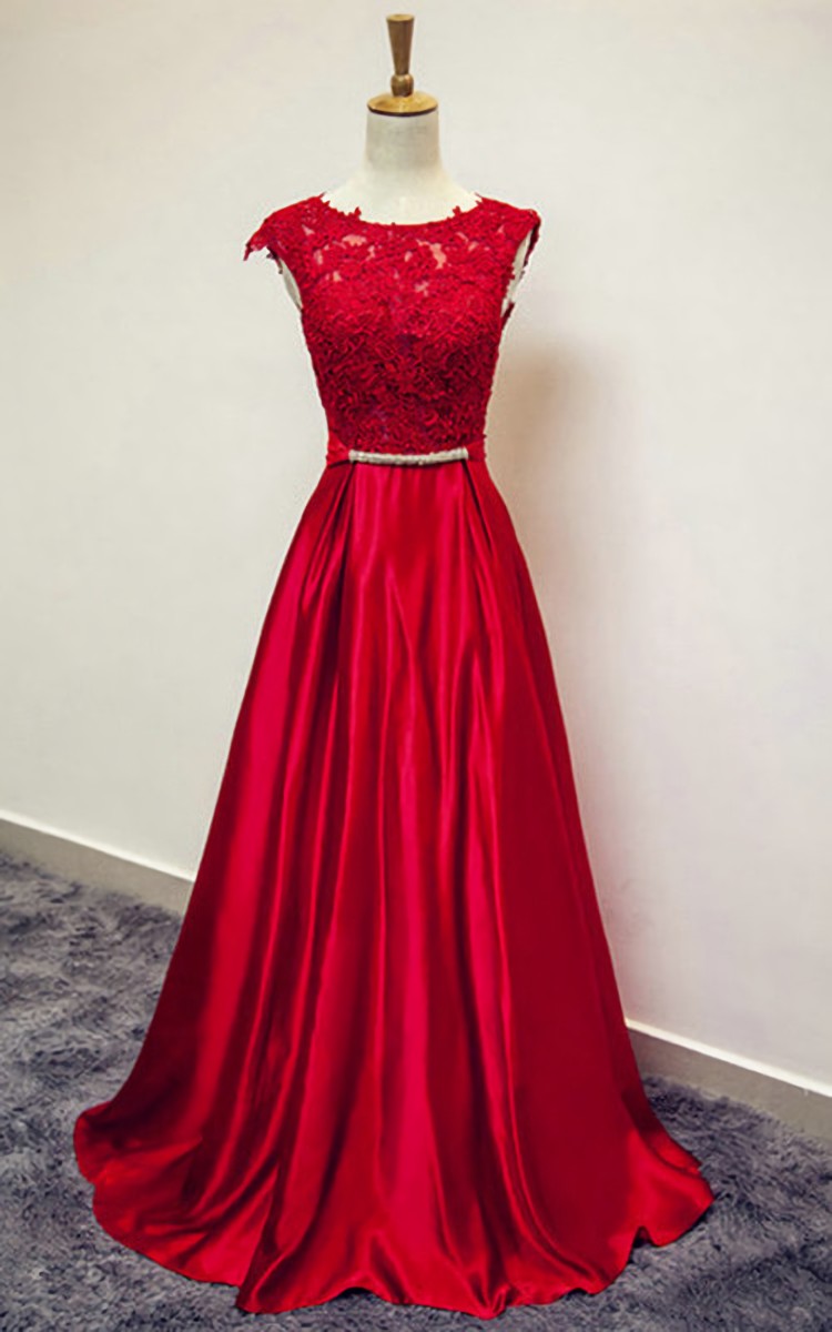 Evening Dresses Sale, Red Satin and Lace Round Neckline Evening Gown, A-line Formal Gown