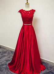 Evening Dress Near Me, Red Satin and Lace Round Neckline Evening Gown, A-line Formal Gown