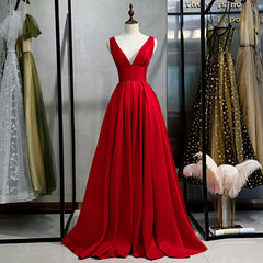 Orange Dress, Red Satin Deep V-neckline Prom Gown, Red Floor Length Evening Gown