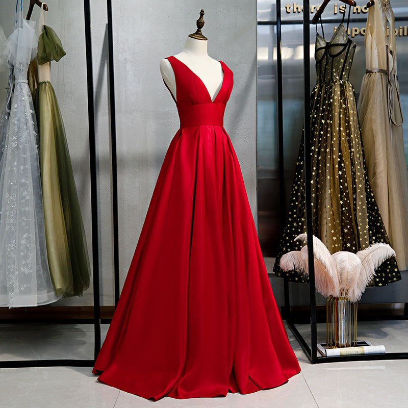 Summer Wedding Guest Dress, Red Satin Deep V-neckline Prom Gown, Red Floor Length Evening Gown