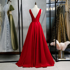Prom Dress Black, Red Satin Deep V-neckline Prom Gown, Red Floor Length Evening Gown