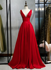 Wedding Guest Dress Summer, Red Satin Deep V-neckline Prom Gown, Red Floor Length Evening Gown
