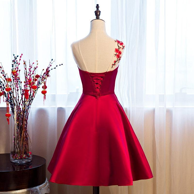Formal Dresses Shop, Red Satin Knee Length Party Dress, Cute Bridesmaid Dress