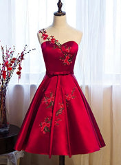 Formal Dress Shops, Red Satin Knee Length Party Dress, Cute Bridesmaid Dress